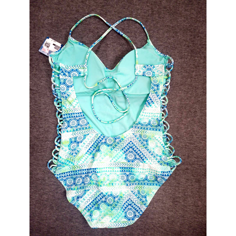 NWT Arizona Size S Blue Aqua Bohemian Tie Dye Strappy One Piece Swimsuit - Picture 6 of 7